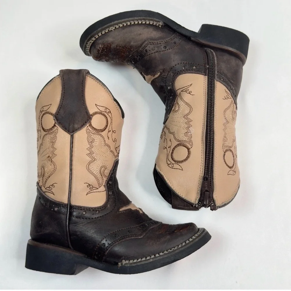 Kids White Diamonds Boots Square Toe Zipper Brown Beige Embroidered